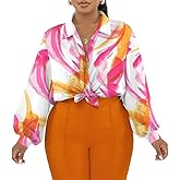 PINSV Women Printed Front Tie Blouse Balloon Sleeve Casual Party Cropped Boho Shirt Work Tops