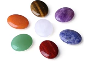 LAIDANLA 7Pcs Healing Crystals Palm Stone Set Oval Amethyst Clear Quartz Tiger Eye Sodalite Chakra Crystal Polished Natural Stones Pocket Gemstone for Meditation Relief Anxiety Stress