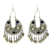 Duel On Jewel Afghan Tribal Statement Earring Collection for Women, Handmade Vintage Dangle Designs with Multicolor Stones, Tiny Beads, and Oxidized Silver Finish, Shoulder Length, Boho Chic Jewelry