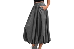 Women's Bubble Casual Midi Skirt with Pocket Elastic High Waist Flowy A Line Fashion Ruffle Puffy Balloon Skirts