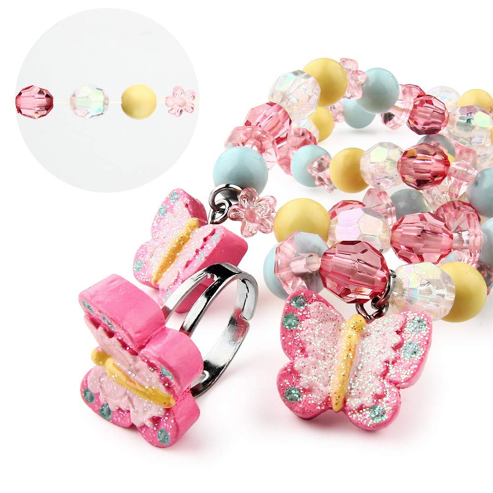 Butterfly Stretch Necklace Little Girl Toddler Necklace Bracelet Set, Little Princess Jewelry Kids Play Necklaces Butterfly Rings for Kids