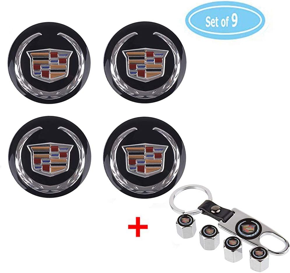 Fubai Auto Parts 4 Pack for Cadillac Wheel Center Caps Emblem-Black,56MM/2.22' Rim Hub Emblem Badge Sticker + 4 Pack Valve Covers Fit for Cadillac All