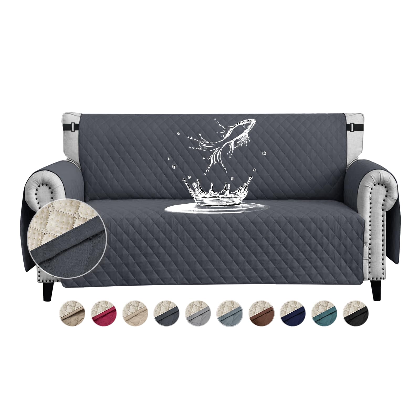 FIGOOO Sofa Covers Water Resistant Sofa Slipcovers 2 Seater Waterproof Anti-Slip Anti-Scratch Sofa Cover with Non Slip Elastic Straps for Dogs Cats Pets,Dark Grey