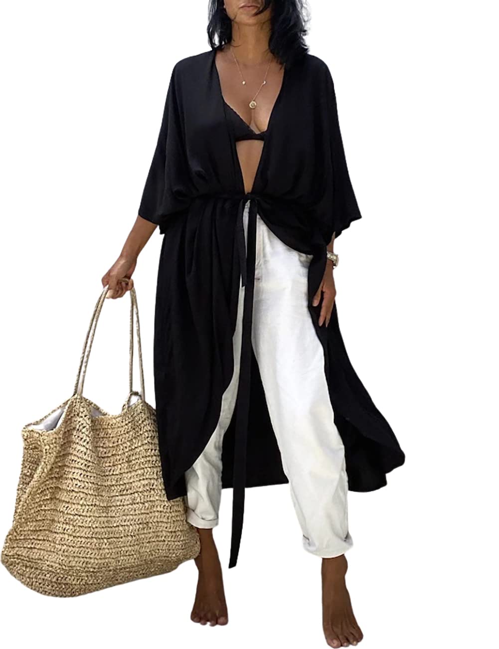 Photo 1 of Bsubseach Women Solid Black Long Beach Swimsuit Cover Ups for Swimwear Sexy Bikini Beach Kimono Cardigan