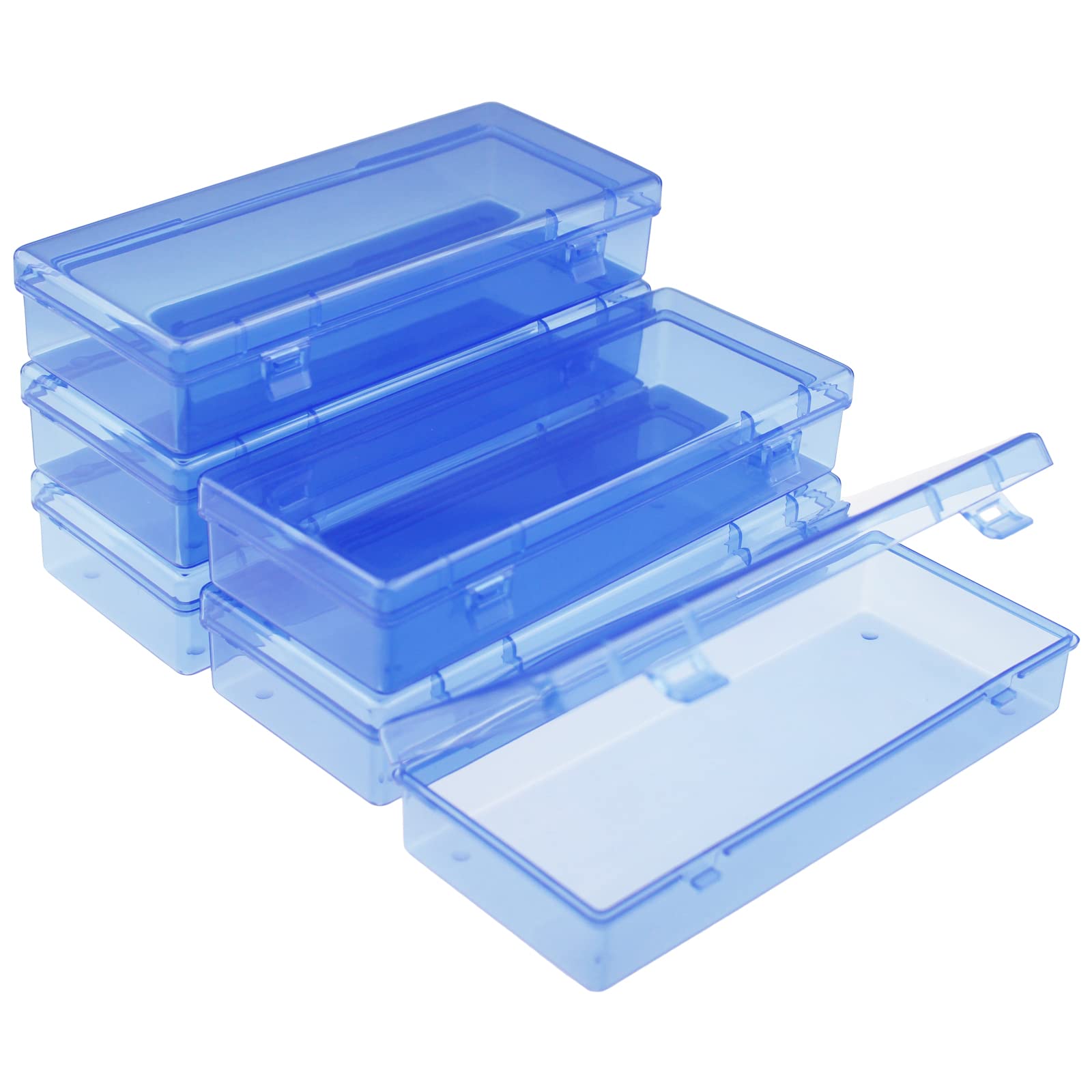 Goodma 6 Pieces Rectangular Empty Mini Clear Plastic Organizer Storage Box Containers with Hinged Lids (155 x 65 x 30 mm, Blue)