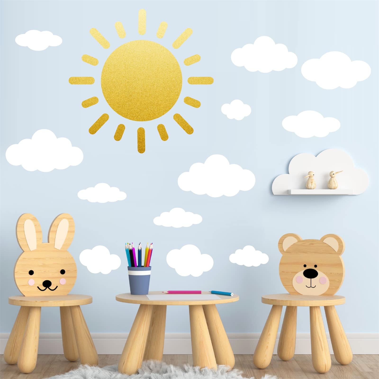 White Cloud Wall Stickers Sun Wall Decal Nursery Wall Decor Kids Wall Decals Peel and Stick Wall Stickers Clouds for Ceiling Vinyl Wall Decals for Kids Baby Children's Bedroom Playroom Decor