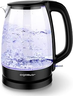 Aigostar Adam Borosilikatglas Wasserkocher mit LED-Beleuchtung, 2200 Watt, 1,7 Liter, Edelstahl 360°-Sockel, Abschaltautomatik, Trockenlaufschutz, Kalkfilter, BPA frei, Schwarz.