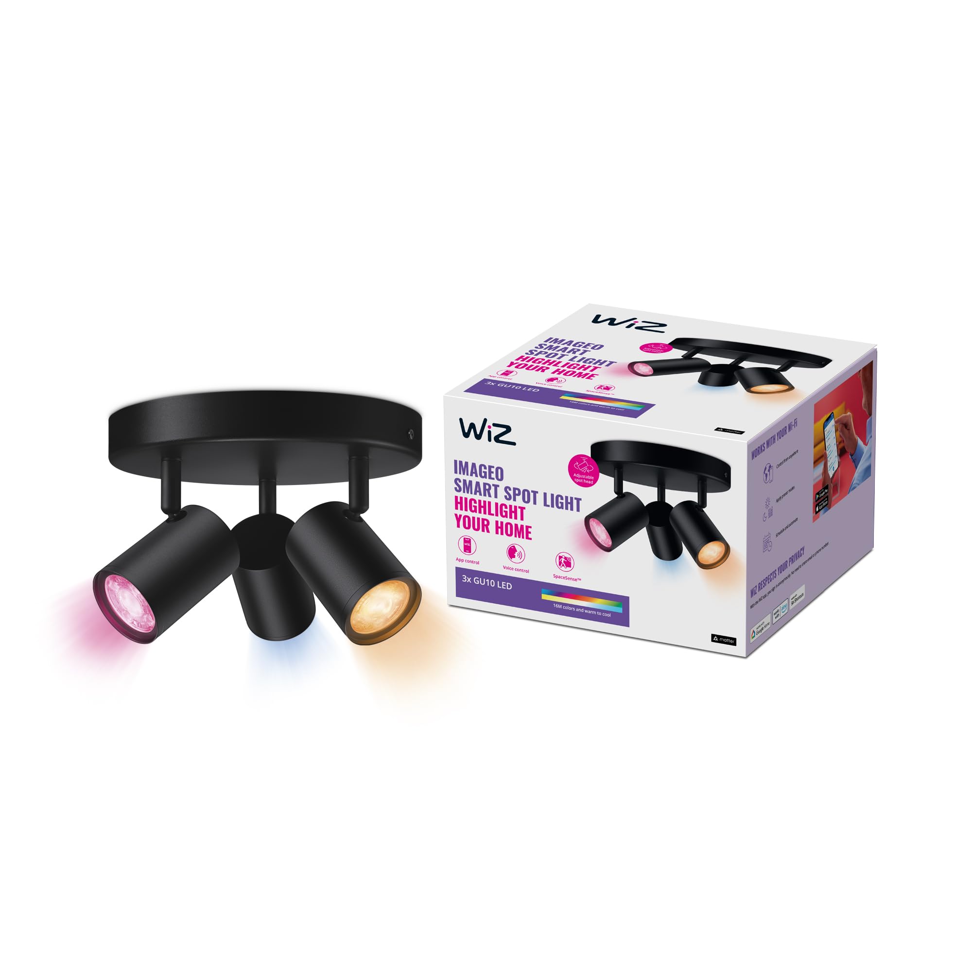 WiZ Colour Imageo Smart Connected WiFi Ceiling Light Spot Fixture. [3 Spot - Black Rectangle] App Control for Indoor Home Lighting, Livingroom and Bedroom — image 1