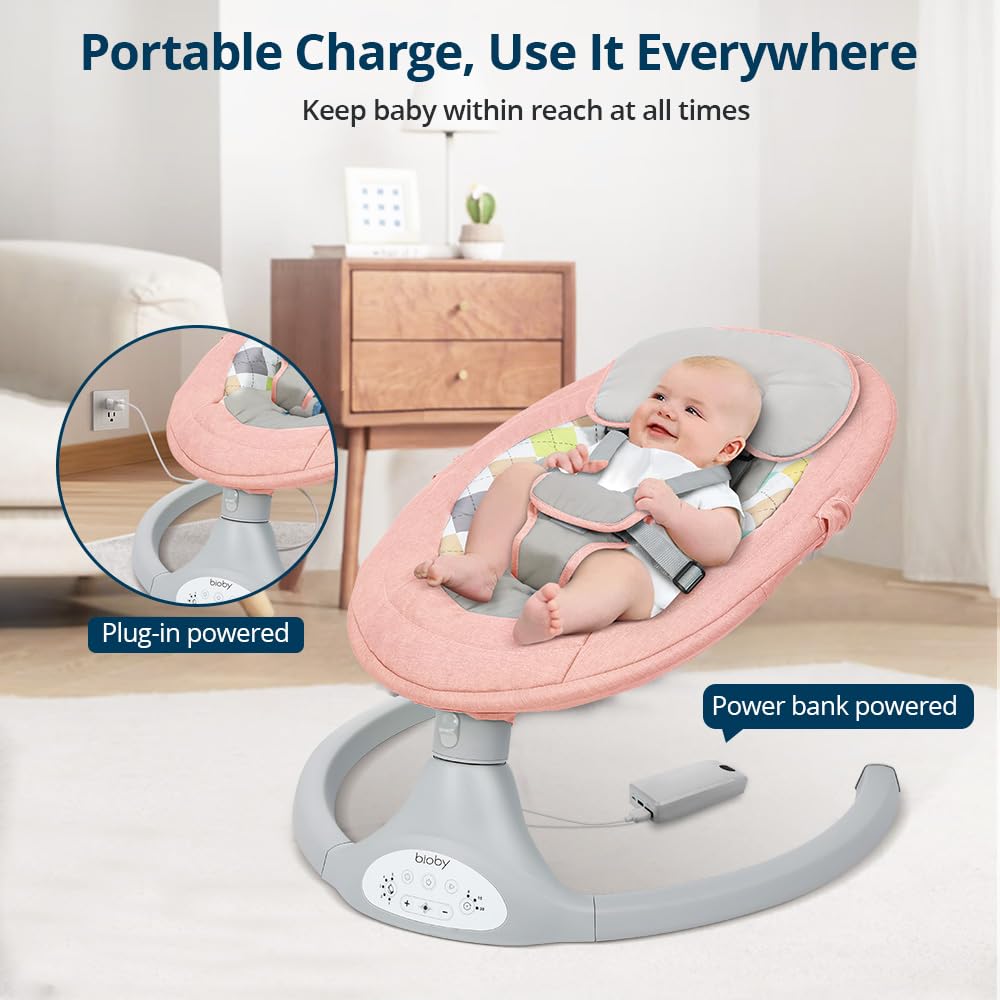 Bioby Baby Swing for Infants with 5 Natural Sway Speeds, Portable Bt Music Baby Bouncer with Remote Control & 5-Point Harness, Lightweight Baby Rocker for 5-20 Lb,0-12 Months Pink