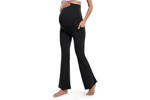 POSHDIVAH Women's Maternity Flare Leggings Over The Belly Pregnancy Workout Active Yoga Lounge Bootcut Pants with Pockets