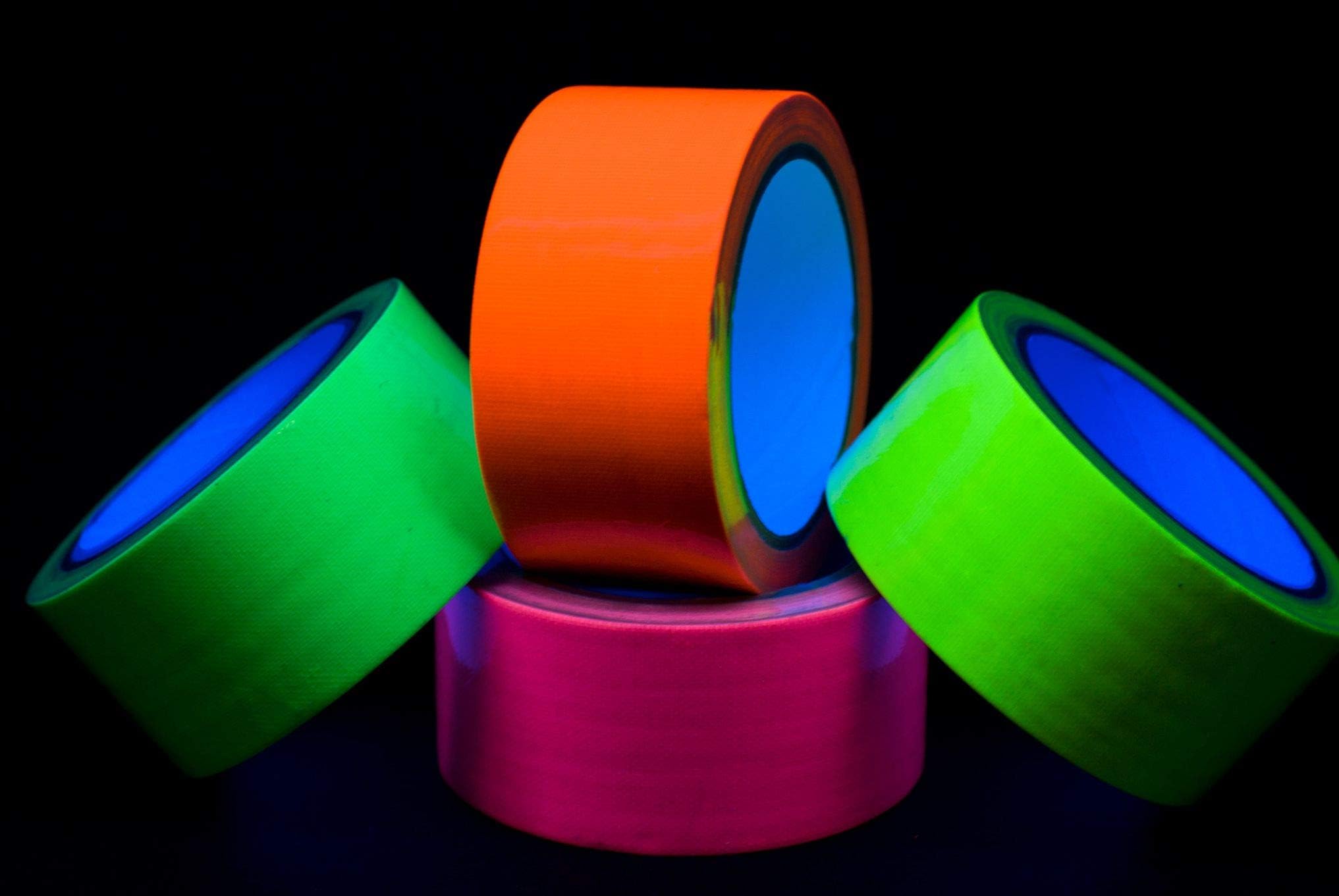 Neon tape, adhesive tape, UV active black light, set of 4 rolls, each 50 mm x 10 m, green, yellow, pink, orange