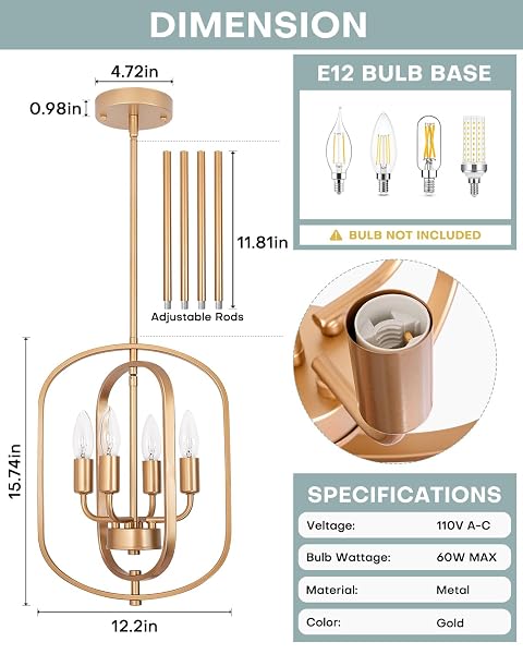 JHLBYL GOLD CHANDELIER LIGHT FIXTURE, 4-LIGHT MODERN FARMHOUSE CHANDELIERS FOR DINING ROOM LIGHTING FIXTURE INDUSTRIAL CEILING PENDANT FOR KITCHEN ISLAND LIVING ROOM BEDROOM ENTRYWAY