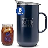 Cold Brew Pitcher, Stainless Steel, Spill Resistant Lid, Easy Pour, 67 Oz | Stella Blue Double Wall Insulated Pitcher, Durable, For Cold Brew Tea or Infused Drinks, Easy Everyday Handling, Power Coated