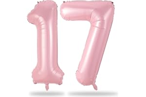 LINGQIANG Large Light Pink 17 Balloon, Foil Number 1 & 7 Helium Balloon, 40 Inch Mylar Self Inflating Number 17 Balloon Pastel Pink for Girls 17th Birthday Party Decor Women Anniversary Decorations Supplies