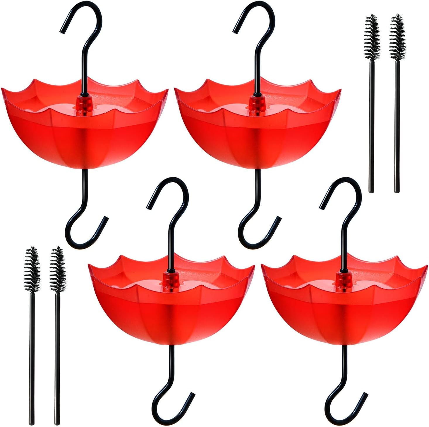 Backyard Birding & Wildlife - TERULF Ant Moat for Hummingbird Feeder, 5 OZ x 4 Pack Red Umbrella Ant Guard with Large Capacity, Hummingbird Feeder Accessory Hooks with Brushes