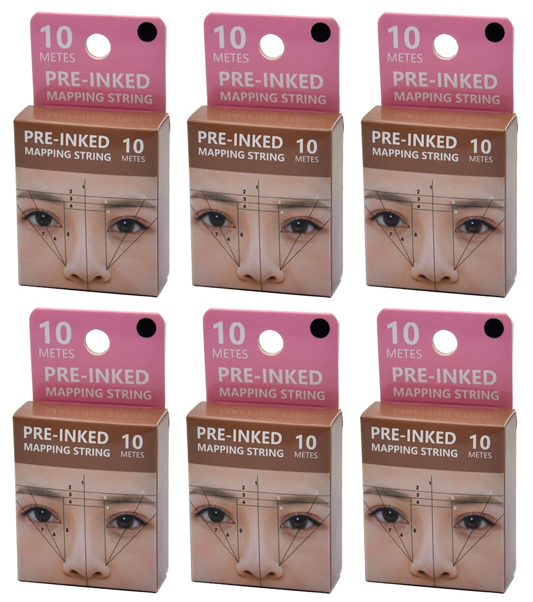 XIAOYU 10M Pre-Inked Mapping String, Eyebrow Tattoo Mapping Thread for Symmetrical Eyebrow Marking Tattoo Markers, Pack of 6, Black Ink