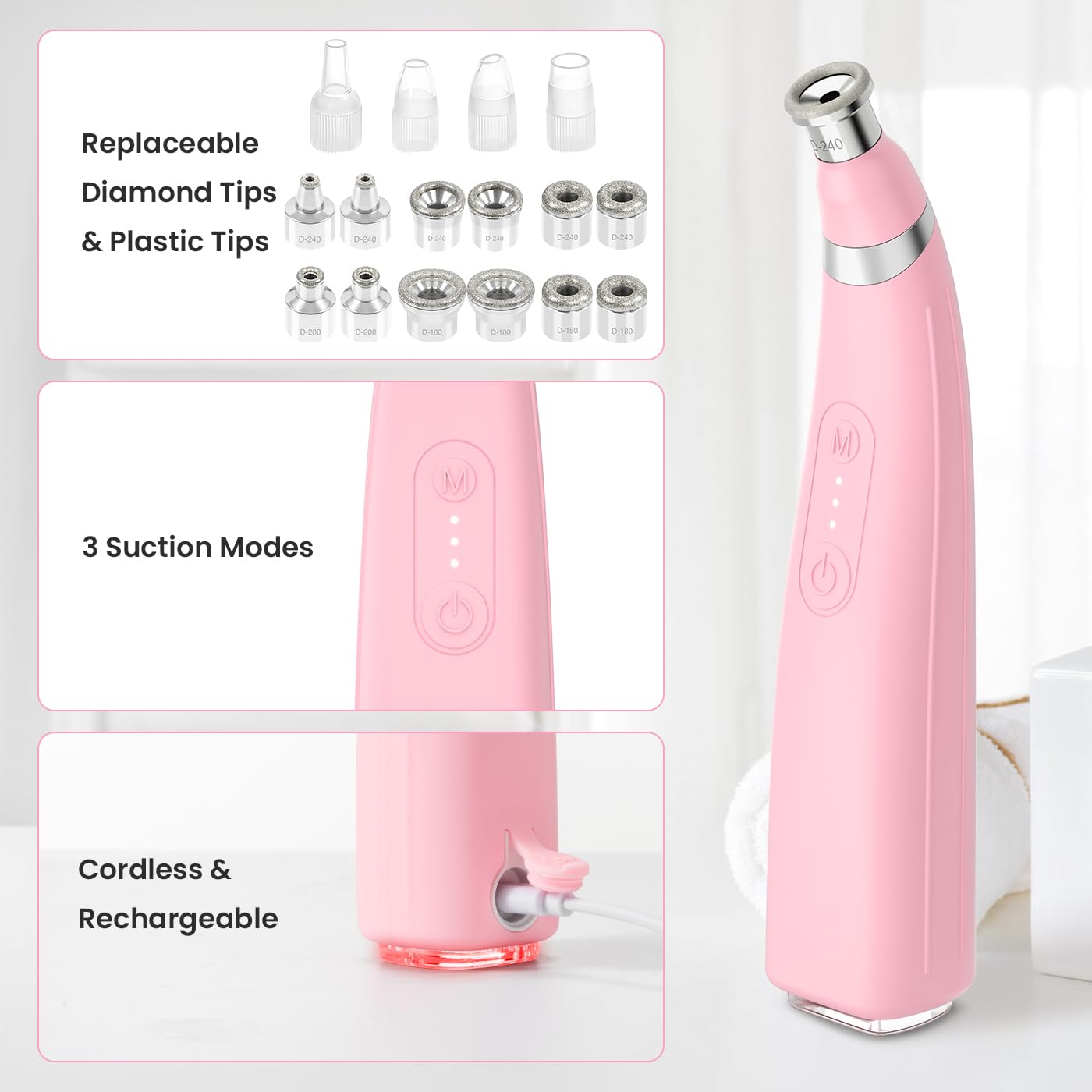 UNOISETION Diamond Microdermabrasion Machine, Rechargeable Cordless Dermabrasion Facial Machine with 3 Levels, Professional Portable Home Travel Microdermabrasion Device