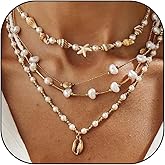 Gold Starfish Choker Necklace for Women Layered Pearl Starfish Seashell Conch Pendant Statement Summer Beach Jewelry