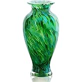 Hand Blown Green Classic Vase for Home Decor, 11.5Inch Glass Flower Vase for Shelf Decor, Living Room Decor, Centerpieces, Unique Gift for Her Mom Sister Friends
