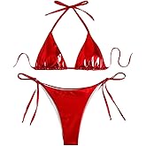 Falainetee Women's Metallic Shiny Bathing Suit High Waisted Triangle Tie Side Swimsuit Bikini Set