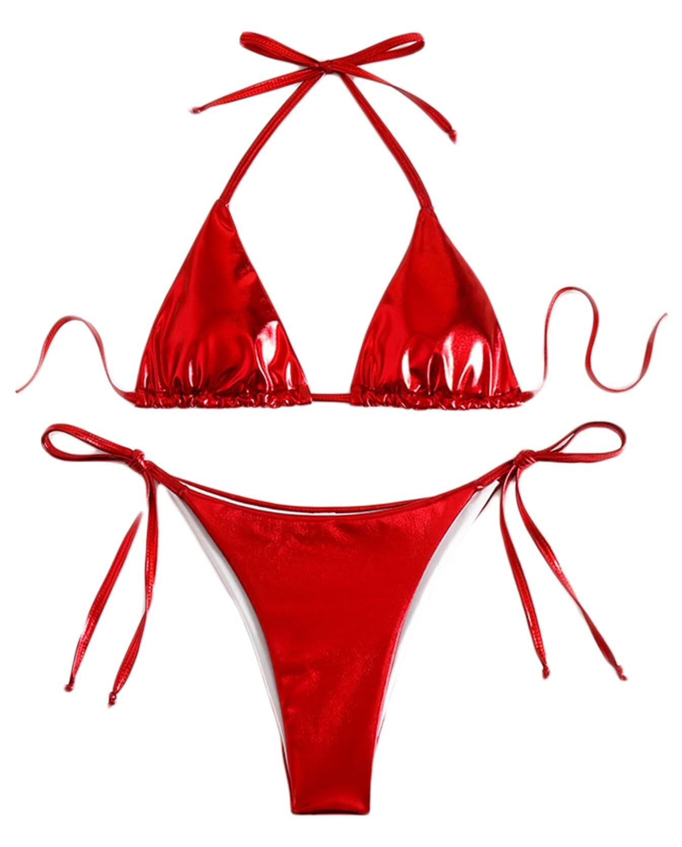 Photo 1 of Falainetee Women's Metallic Shiny Bathing Suit High Waisted Triangle Tie Side Swimsuit Bikini Set Red XS