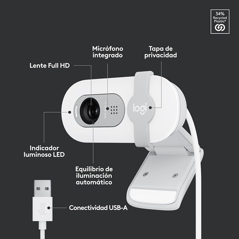 Logitech brio 100, webcam full hd para reuniões e streaming, equilíbrio automático de iluminação, microfone embutido, capa de privacidade, usb-a, branco