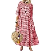 chouyatou Women's Casual Plaid Short Sleeve Beach Dress Crewneck Gingham Swing Flowy Midi Long Tunic Dress