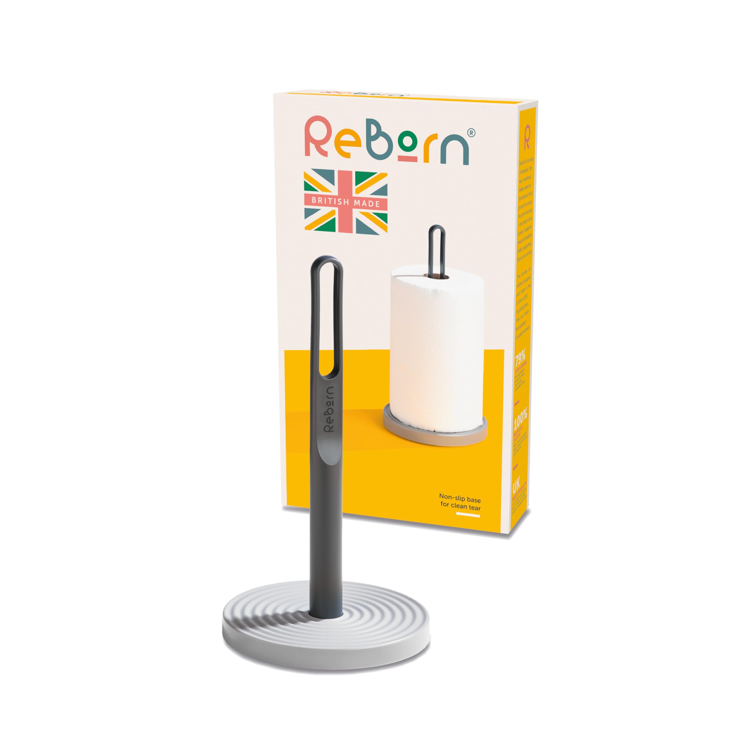 ReBorn - Recycled Kitchen Roll Holder - Kitchen Paper Towel Holder - Finger Hole Handle - Non Slip Base - Elegant and Functional - Made in Britain (Grey)