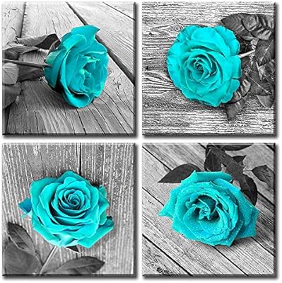 Amazon Com Jiazugo Turquoise Bathroom Pictures Wall Decor Black And White Floral Canvas Artwork Painting Teal Rose For Bedroom Living Room Decorations Valentine S Day 20x20 X4 Stretched And Framed Ready To Hang Posters