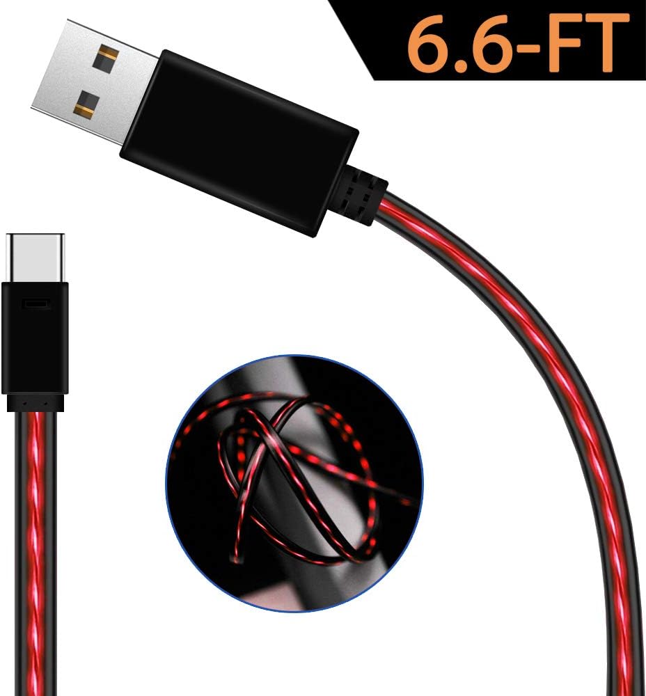 USB LED Type C Cable,Oliomp 6.6ft Visible LED Light Flowing Type C Cable Fast Charging, USB Type C Charger Cord for Samsung Galaxy S8 S9 Plus Note 9 8/Huawei/HTC More Android Phone