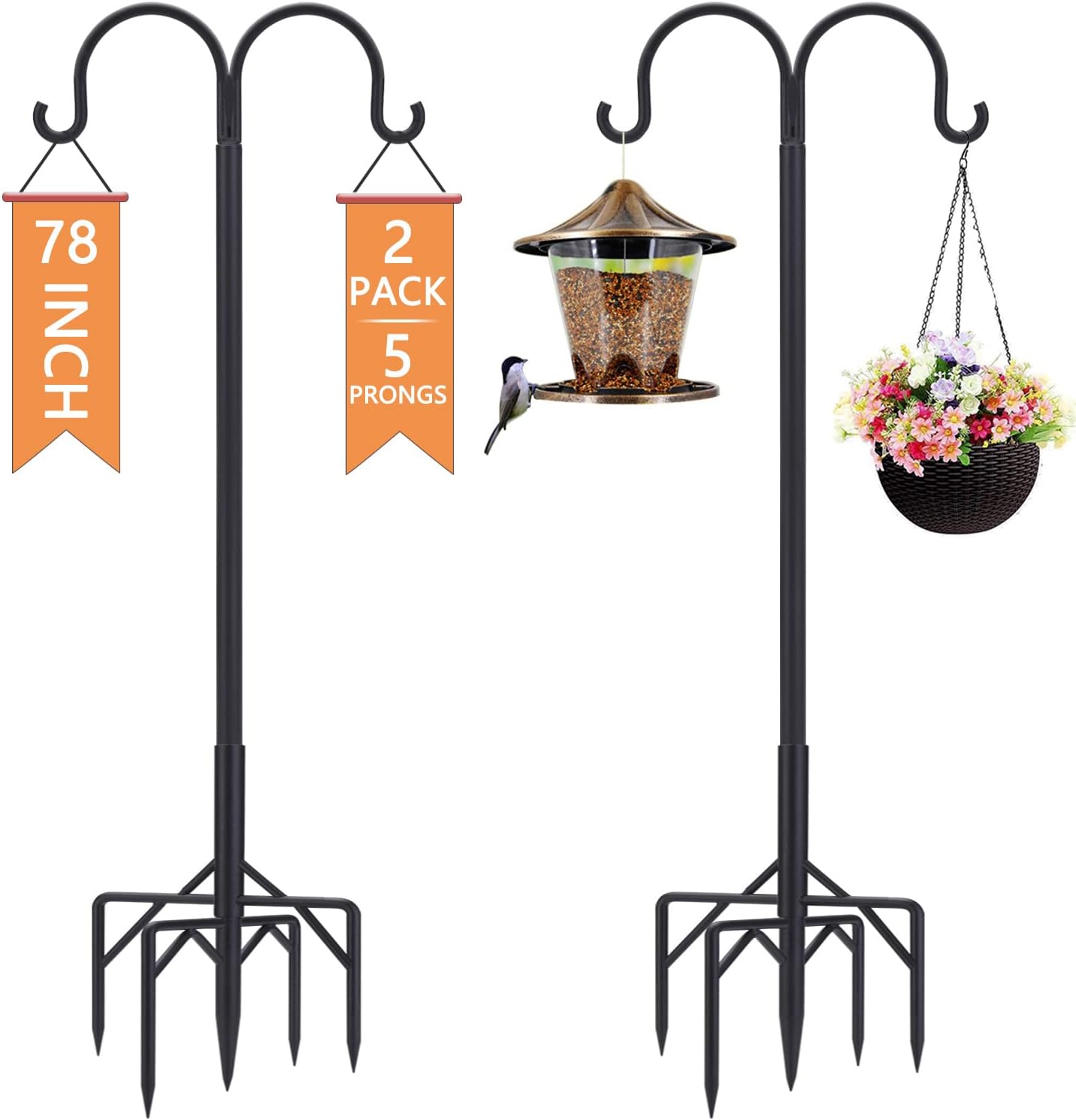 Outdoor Shepherd's Hooks - RINLAIN Bird Feeder Pole,Double Shepherds Hooks for Outdoor,5 Base Prongs Adjustable Bird Feeder Stand for Hanging Heavy Duty Bird Feeder,Plant Baskets,Garden Plant Hanger Stands(78Inch,2Pack)