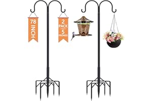 RINLAIN Bird Feeder Pole,Double Shepherds Hooks for Outdoor,5 Base Prongs Adjustable Bird Feeder Stand for Hanging Heavy Duty Bird Feeder,Plant Baskets,Garden Plant Hanger Stands(78Inch,2Pack)