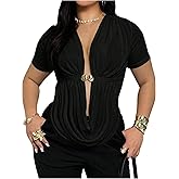 BEAUDRM Women's Plus Size Draped Sexy Deep V Neck T Shirts Metal Decor Short Sleeve Going Out Top Party Clubwear