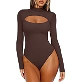REORIA Women's Mock Neck Cutout Front Bodysuit Trendy Going Out Long Sleeve Body Suits Tops Fall Outfits 2025