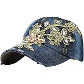 Women Embroidered Baseball Cap Vintage Rhinestone Flower Cap Adjustable Denim Snapback Cap Leisure Distressed Sun Hat