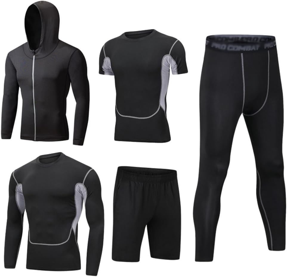 Mens 5pcs Sports Gym Fitness Clothing Set Hoodies Jackets+Long Sleeve+Short Sleeve Base Layers T Shirts+Loose Fitting Shorts+Compression Pants for Workout Training Running Tracksuits