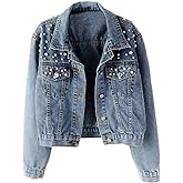Ankecity Oversize Pearl Embroidered Women's Ripped Distressed Casual Long Sleeve Denim Jacket Coat
