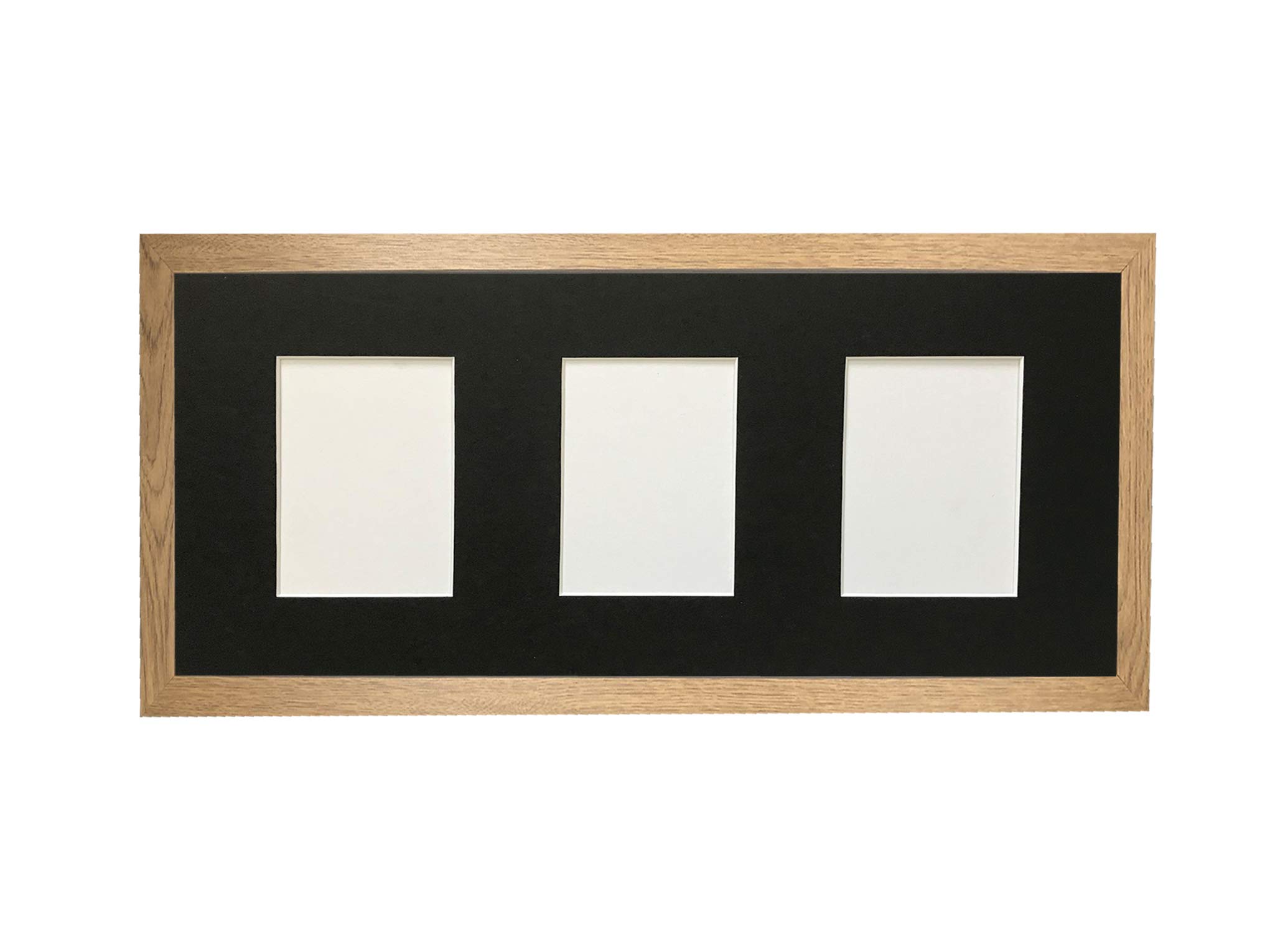 H7 Oak Picture Photo Frame with Black 6 X 4 Inch Three Aperture Long Mount