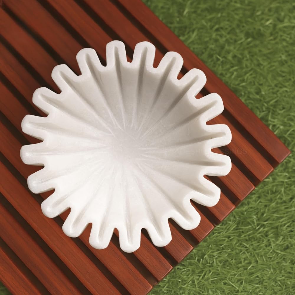 SWADESHI BLESSINGS Handcrafted Marble Ruffle Bowl/Antique Scallop Bowl/Fruit Bowls/Vintage Ring Dish/Decorative Flower Bowls/Housewarming Gift/Wedding Gifts/Urli (6 Inches)