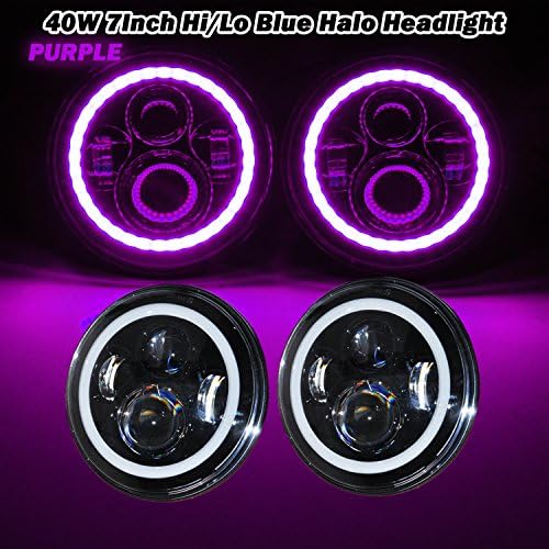 Ohmu 40W 7 Inch Round Halo Turning Signal Light Halo Ring Angel Eye Osram Led Headlights Turning Signal Lights Day Running Light for Jeep Wrangler JK TJ CJ Harley Headlight DRL (Purple Halo)