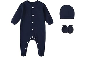FITFIFTH POD Baby Rompers 0~3 to 3-6 Months 100% Cotton Footies 3PCS Jumpsuit with Solid Hats Mittens Gloves