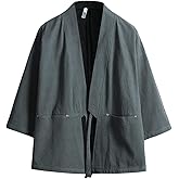 Haseil Men's Kimono Cardigan Japanese Jackets Casual Cotton 3/4 Sleeve Shirt Open Front Coat Lightweight Linen Outwear