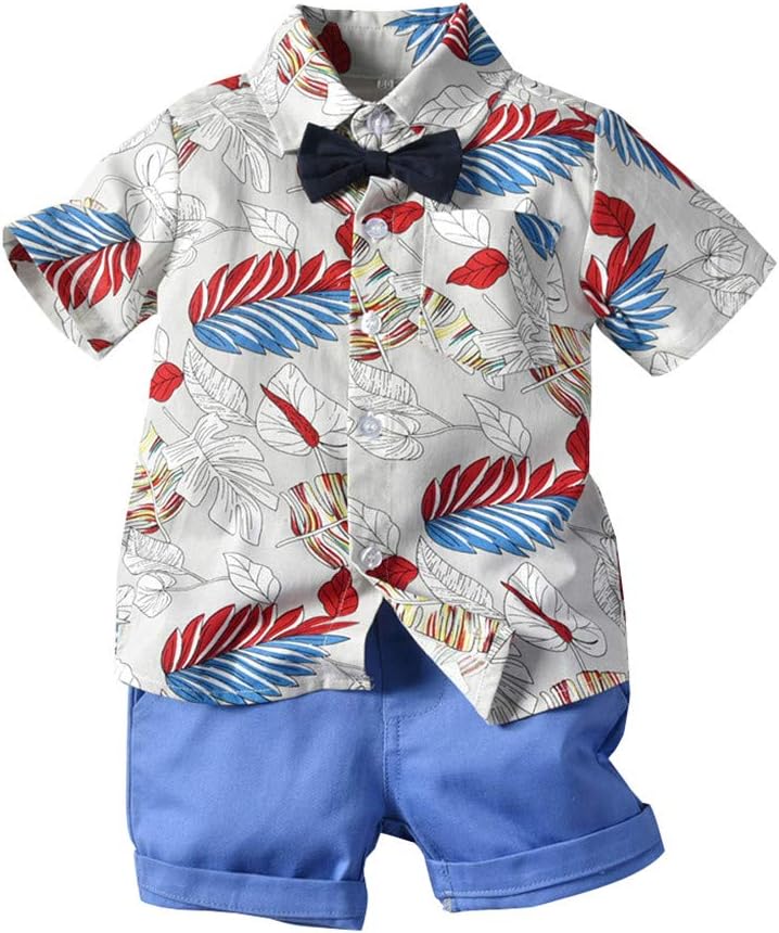 Toddler Baby Boy Leisure Loose Short Sleeve Bow Tie Suit Gentleman Leaf T-Shirt Tops+Shorts Outfits 7 Style New