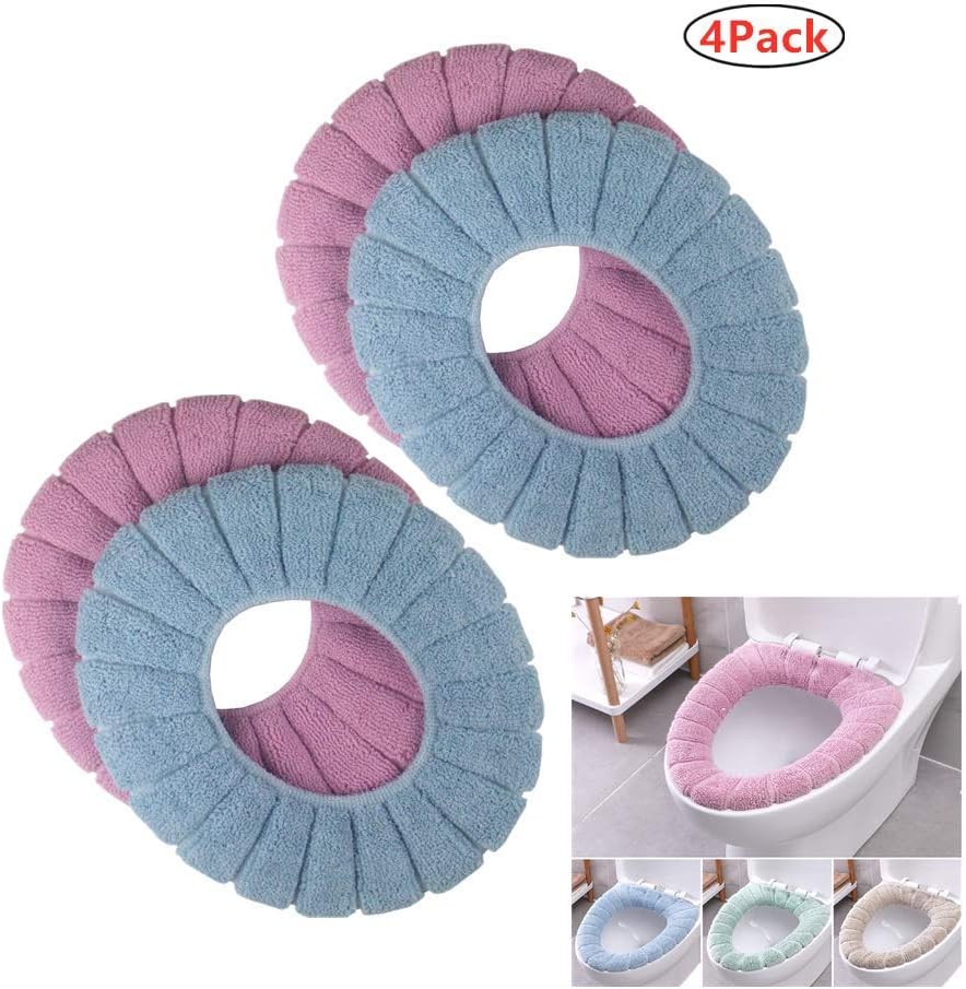 Toilet Seat with Cushions Bathroom Soft Fiber Thick Warmable Stretchable Washable Cover 4Pack (Blue + Pink)