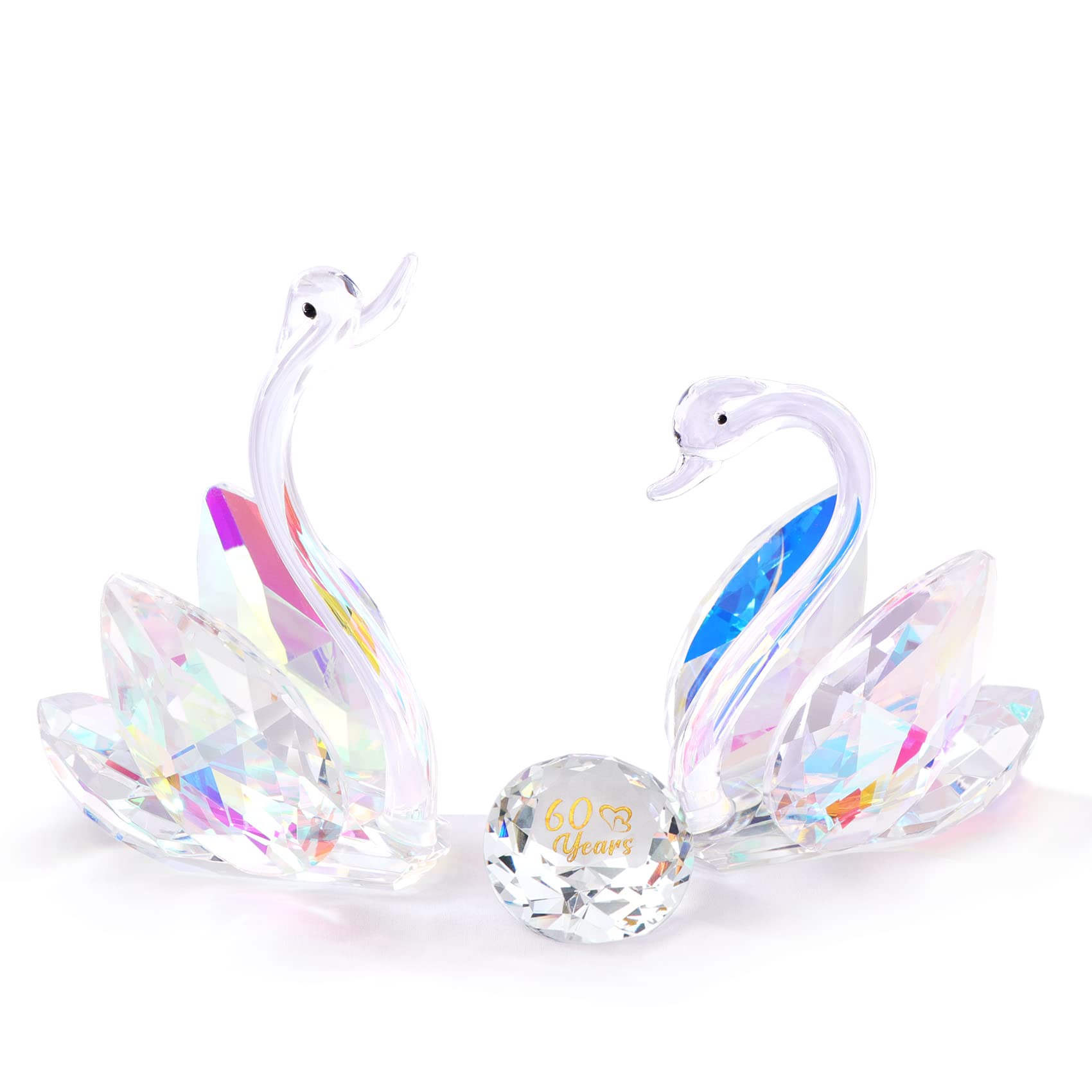 Set of 2 Crystal Colorful Swans 60th Wedding Anniversary Diamond Gifts for Couples, 60 Years Marriage Glass Figurines Collectibles 60th Anniversary Presents Keepsake Home Ornaments