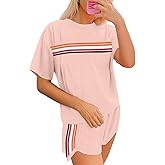 MYHALF Womens 2 Piece Short Sets Summer Outfits Rainbow Stripes Shirts 2025 Two Piece Lounge Set Matching Shorts