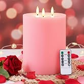 Retisee 1 Pack Pink Extra Large Flameless Candles 6'' x 8'', Classic | LED Battery Operated, 3 Wicks Flickering Pillar Candle, Valentine's Day Wedding Party Decoration