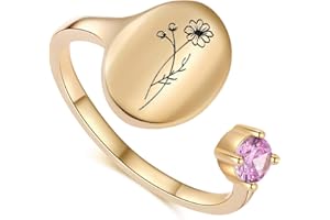 SLOONG Handmade Birth Month Flower Signet Ring 14K Gold Plated Ring Birth Stone Ring Birthday Valentine's Christmas Gift for Mom Daughter Girlfriend Wife