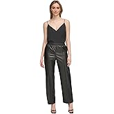 Calvin Klein Women's Logo-Waist Faux Leather Pull-On Pants (Black, Large)