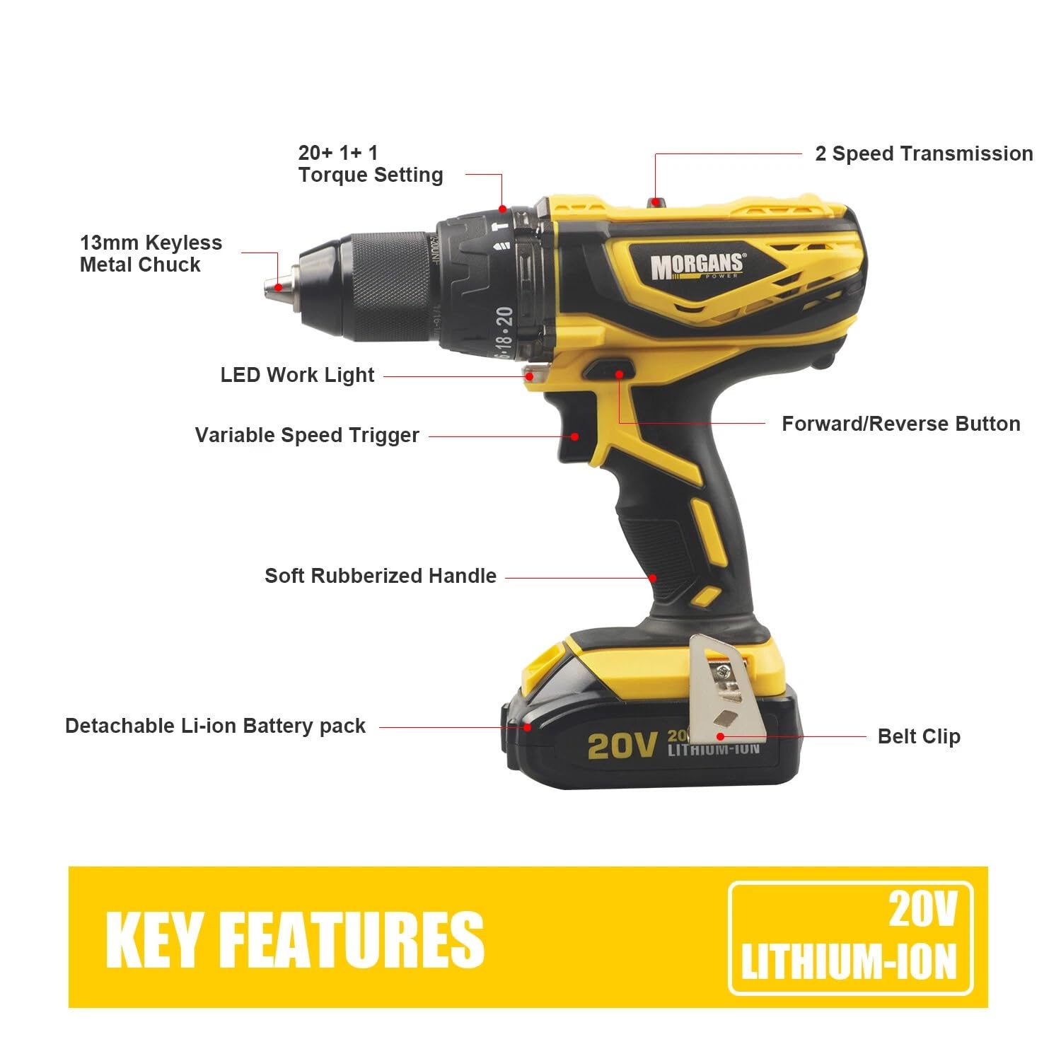 Morgans Power 20V Cordless Drill Driver Set, 2-Speed Electric Screwdriver with LED Light, 13mm Keyless Chuck, Variable Speed Trigger, Li-ion Battery, Charger, Bits and Carry Case